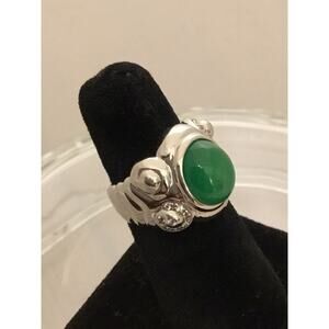 Vintage Sterling Jade Cabochon ￼Ring w/Diamond accents in Nautilis Design ￼Sz 6